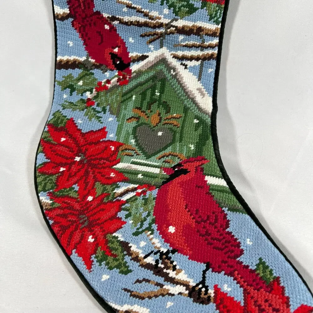 Lands' End Needlepoint Christmas 18” Stocking “Emma” Cardinals Poinsettias Snow
